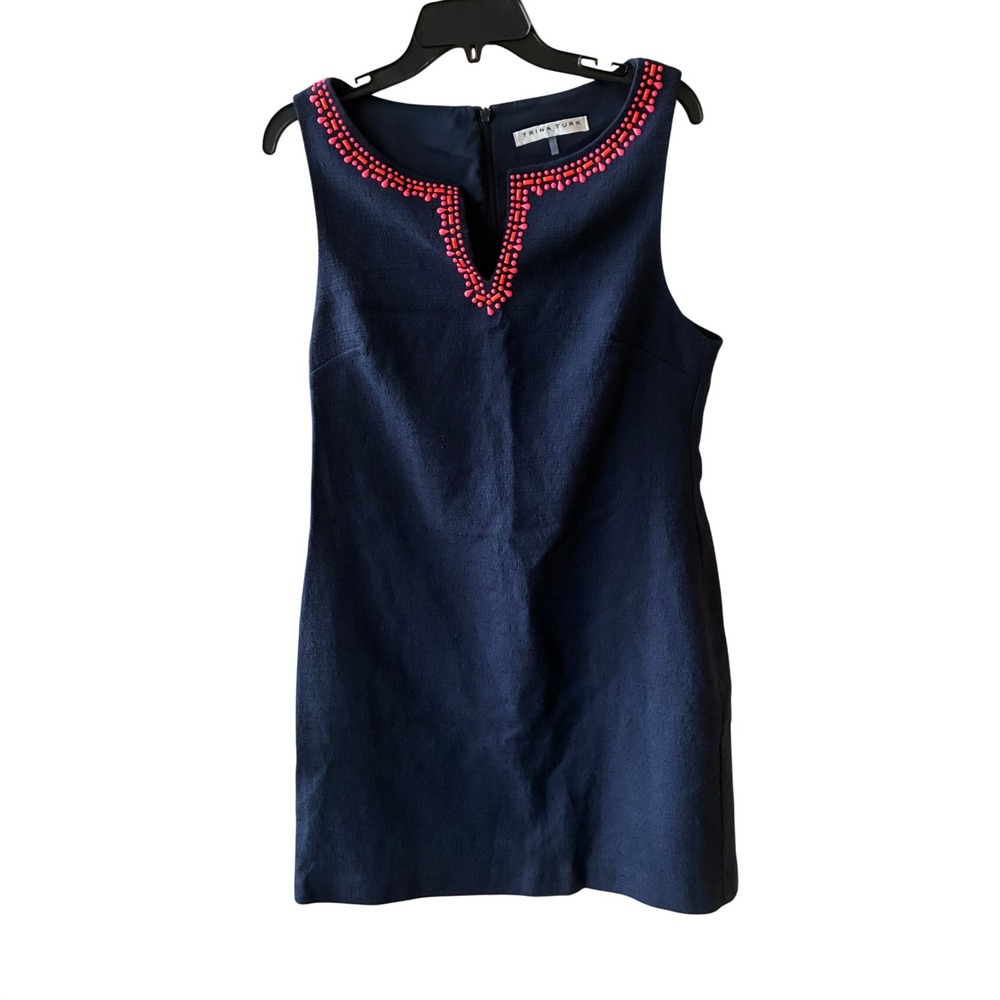 Trina Turk Beaded Shift Dress Women 12 Navy Blue Excellent Sleeveless Mini
